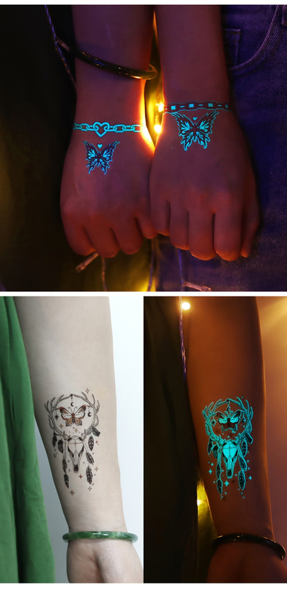 12 Sheets Luminous Glow in the Dark Temporary Tattoos - Waterproof Fake Tattoo Stickers with Butterfly & Floral Designs, Neon Blue Glow for Nightclub, Festival, Party Decoration, Festival Body Art | Mystical Design Elements |