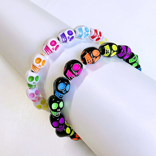 2pcs, Colorful Skull Head Elastic Line Resin Bracelet, Neutral Bracelet, Halloween, Suitable for Daily Wear, Gift Giving