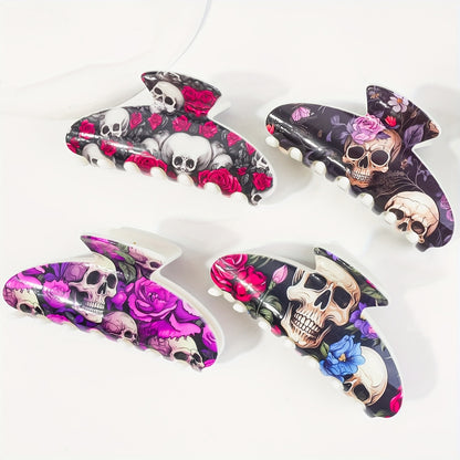 [Stylish Skull Hair Clips] 2pcs Stylish Women's Halloween Skull Hair Clips | Semi-High Back Scrunchies, Resin Shark Clips, Non-Slip Strong Fashionable Hair Accessories, Suitable for Festivals, Parties, Daily Use and Gifts