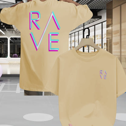 Men'S Summer Casual RAVE Graphic T-Shirt - Black with Pink & White Neon Print, Short Sleeve, Round Neck, Lightweight Polyester Blend, Perfect for Casual Attire, Everyday Tshirt | Round Neck Shirt | Comfortable Fit