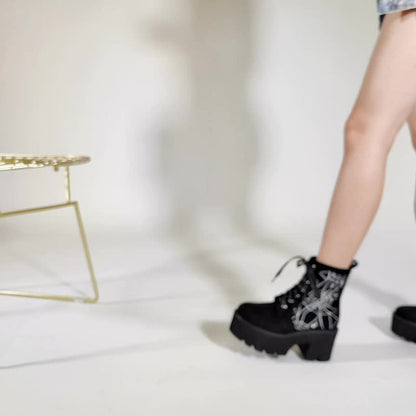 GDGYDH Women's Punk-Style Spiderweb Embroidered Ankle Boots with Chunky Heel, Lace-Up & Side Zipper - Comfortable All-Season Fashion Shoes