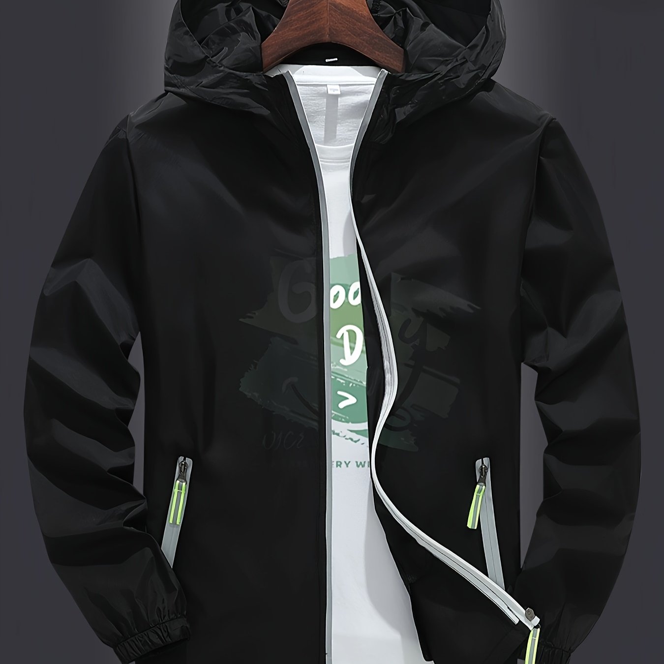 Men's Zip-Up Hooded Jacket - Breathable Reflective Outerwear for Gym, Cycling, Hiking & Beach Use - Lightweight Spring/Summer/Autumn Outdoor Wear with Zippered Storage Design. High-Quality Unisex Hoodie Perfect for Water Spor