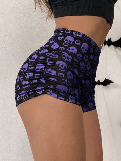 Y2K Skull Print High-Waisted Shorts for Women - Stretchy, Non-See-Through, Black with Purple Skulls & Roses Design, Comfortable Casual Shorts for Casual Attire, High Waisted Shorts