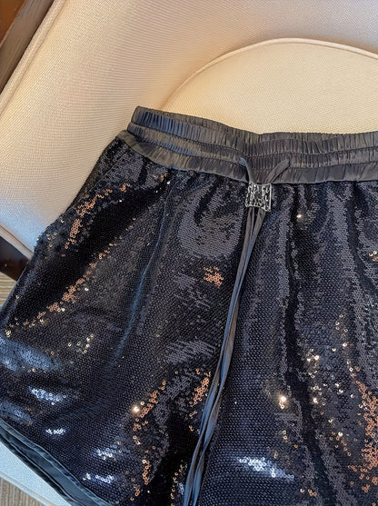 Women's Black Sequin Shorts with Elastic Drawstring Waist - Summer Sparkle Shorts for Casual & Formal Occasions, Non-Stretch Fabric, Hand Wash/Dry Clean