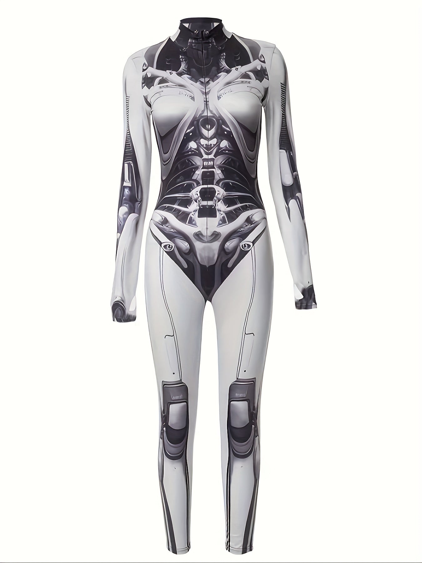 Women's 3D Mechanical Punk Style Robot Skull Print Halloween Jumpsuit Zippered Bodycon Sexy Bodysuit Cosplay Set Elastic Long Sleeve Party Holiday Outfit