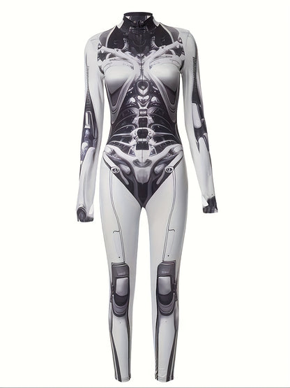 Women's 3D Mechanical Punk Style Robot Skull Print Halloween Jumpsuit Zippered Bodycon Sexy Bodysuit Cosplay Set Elastic Long Sleeve Party Holiday Outfit