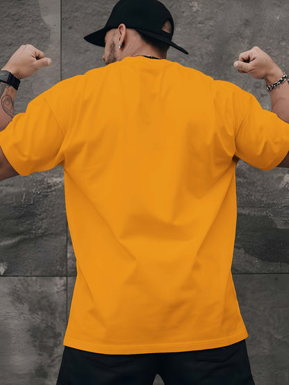 R V Men's Short Sleeve T-Shirt - Vibrant Yellow with Bold RAVE Graphic Print, Breathable Round Neck Casual Top for Summer Beach Resorts & Outdoor Activities