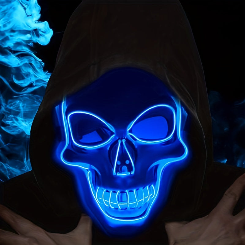 LED Glowing Skull Mask with Blue Light Effects - Self-Lit Halloween Costume Party Mask with Expressive Eyes & Sharp Teeth, Battery-Powered (Batteries Not Included) for Men's Costumes, Themed Events, Gothic Performances - Comp