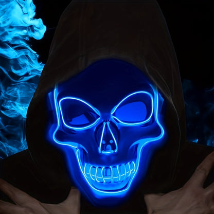 LED Glowing Skull Mask with Blue Light Effects - Self-Lit Halloween Costume Party Mask with Expressive Eyes & Sharp Teeth, Battery-Powered (Batteries Not Included) for Men's Costumes, Themed Events, Gothic Performances - Comp