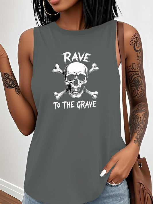 Rave to The Grave Skull & Crossbones Graphic Women's Sleeveless Vest - Edgy Casual Round Neck Top, Machine Washable All-Season Wear for Parties & Everyday Outfits, Party Apparel, Bold Pattern, Edgy Fashion, Bold Print Quality