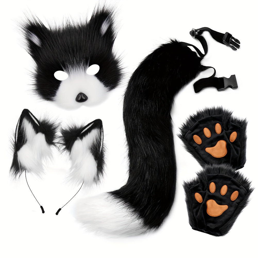 [Halloween Christmas] 4pcs Set, Adjustable Faux Fox Fur Mask Costume - Bendable Tail, Ears Headband and Gloves - Halloween/Christmas Role Play, Carnival Party, Without Battery