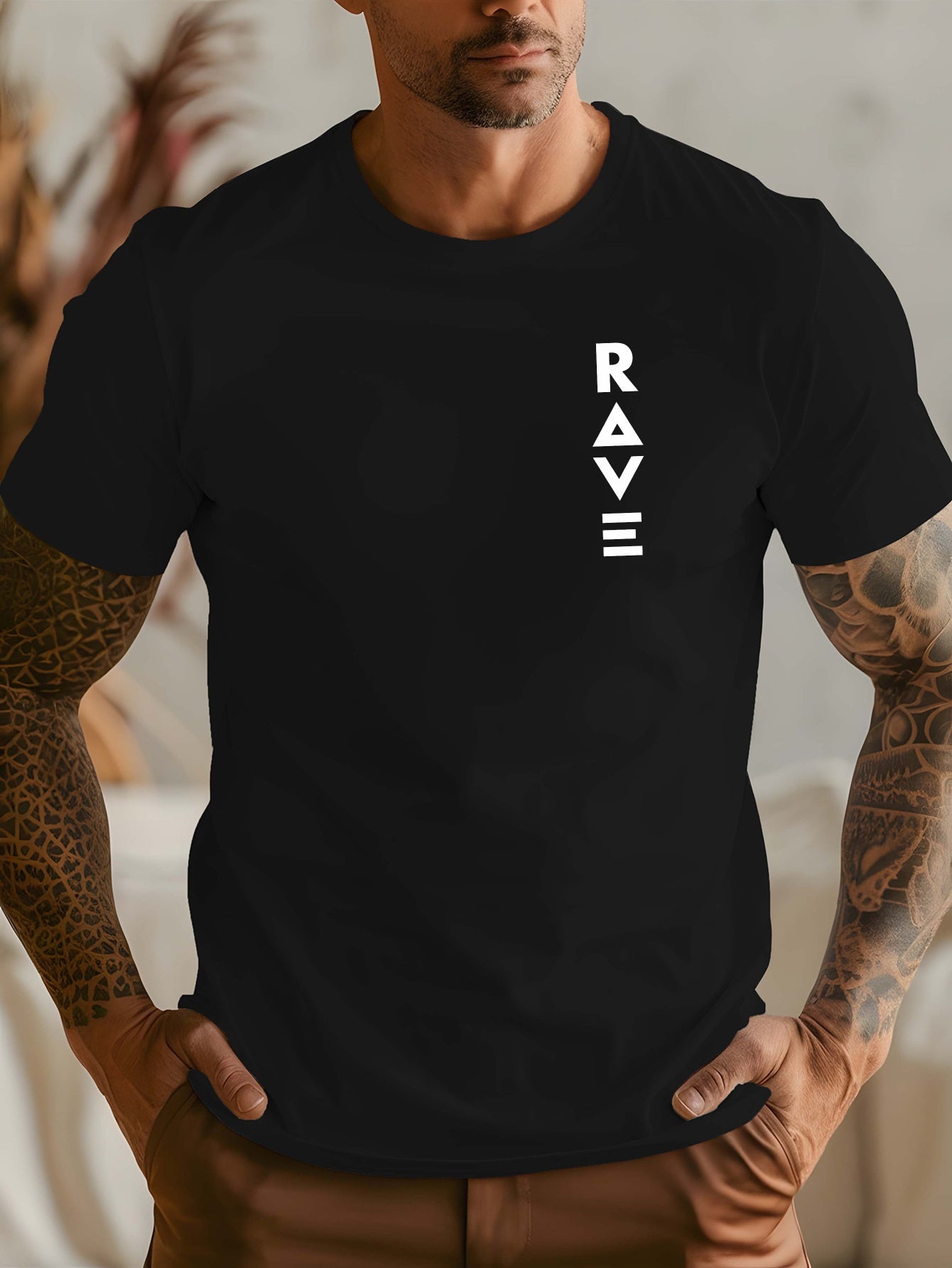 R V Men's Short Sleeve T-Shirt - Vibrant Yellow with Bold RAVE Graphic Print, Breathable Round Neck Casual Top for Summer Beach Resorts & Outdoor Activities