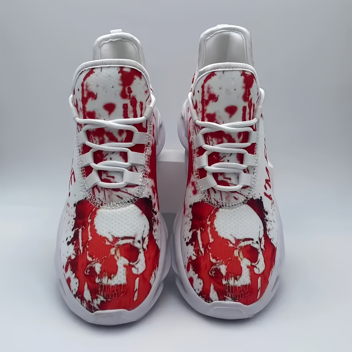 Men'S Halloween Sneakers - Blood Splatter Skull Design, Lightweight MD Sole, Breathable Fabric, Lace-Up Training Shoes for Gym, Streetwear, Parties - Red & White Gothic Style, All-Season Casual Wear, Bold Print, Fashionable T