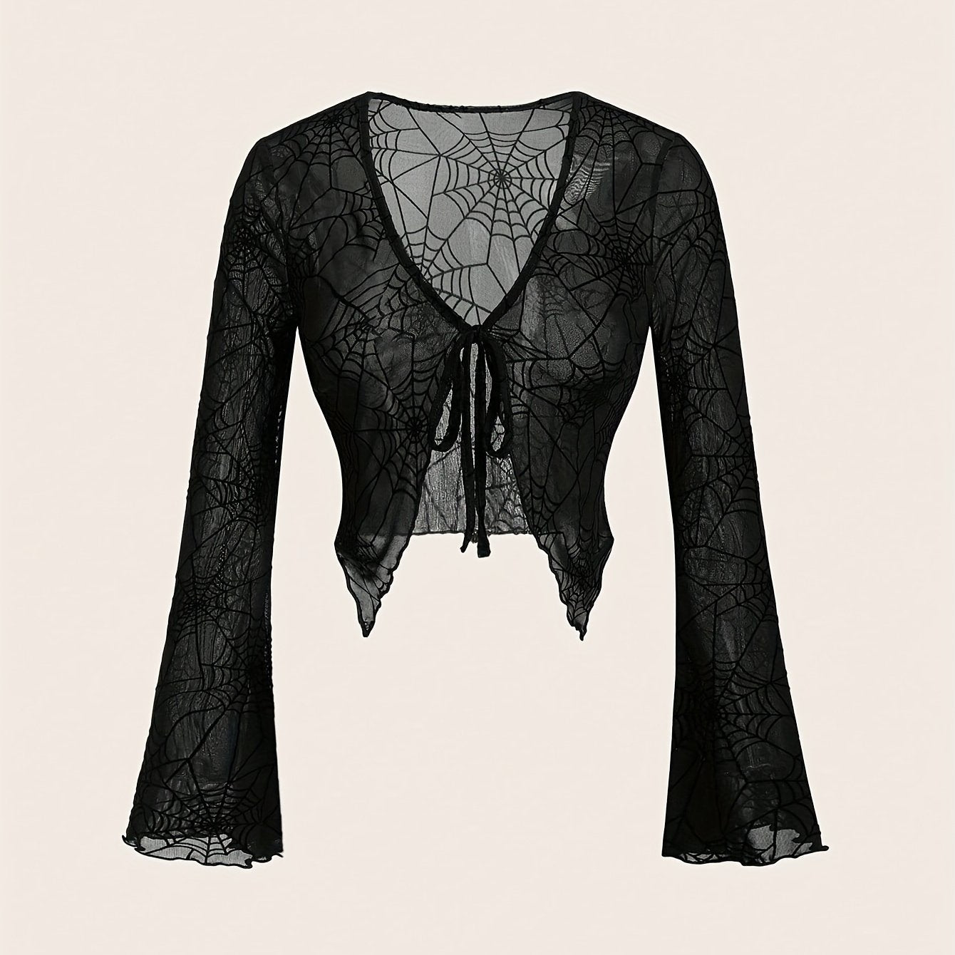 [Gothic Spider Web T-Shirt] Gothic Style Women's Long Sleeve T-Shirt | Halloween Theme, Elegant Party, Role Play Costume, Festival Attire | Spider Web Pattern V-Neck Top with Front Tie Design, Four Seasons Suitable, Air Condi