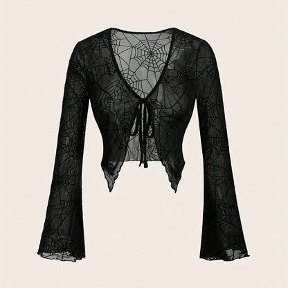 [Gothic Spider Web T-Shirt] Gothic Style Women's Long Sleeve T-Shirt | Halloween Theme, Elegant Party, Role Play Costume, Festival Attire | Spider Web Pattern V-Neck Top with Front Tie Design, Four Seasons Suitable, Air Condi