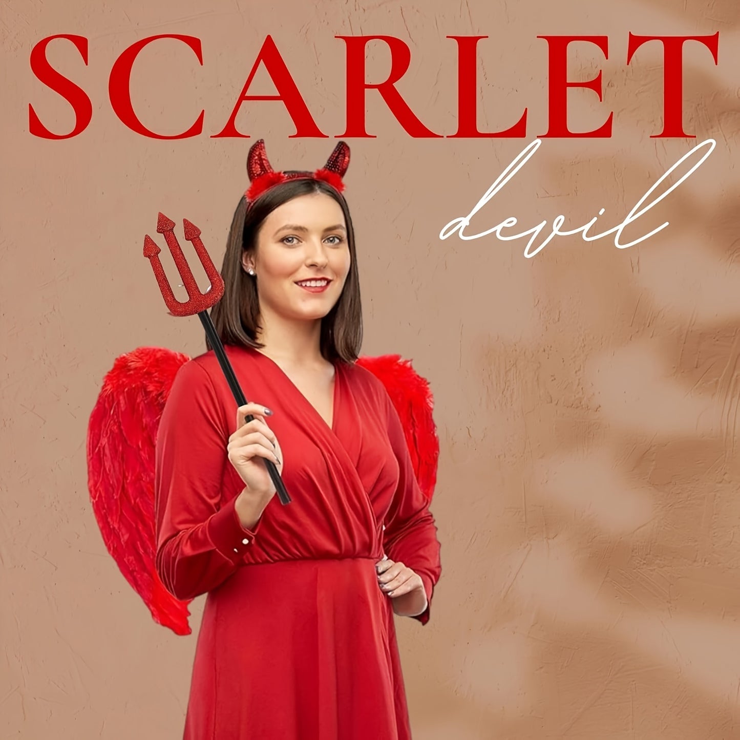 3pcs Red Angel Costume Set - Red Angel Wings, Red Devil Horns and Devil Fork Outfit - Female Devil Halloween Costume - Red Devil Wings, Devil Fork, and Devil Headband with Artificial Feathers Carnival Party Dress-Up