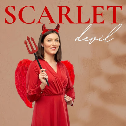 3pcs Red Angel Costume Set - Red Angel Wings, Red Devil Horns and Devil Fork Outfit - Female Devil Halloween Costume - Red Devil Wings, Devil Fork, and Devil Headband with Artificial Feathers Carnival Party Dress-Up