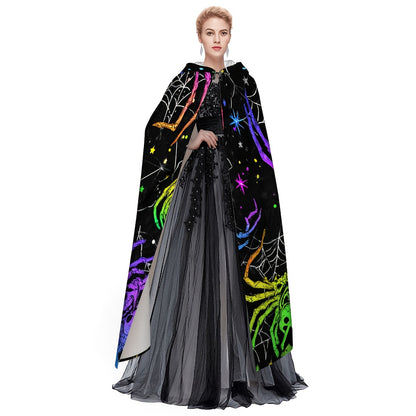 1pc Neon Glow-in-the-Dark Spider Print Witch's Robe - Norse Mythology Costume with Neon Web Design, Unisex Adult Hooded Cloak for Halloween Cosplay, Themed Parties & Costume Events (Hand Wash Only) - Multicolor Neon Colors (G