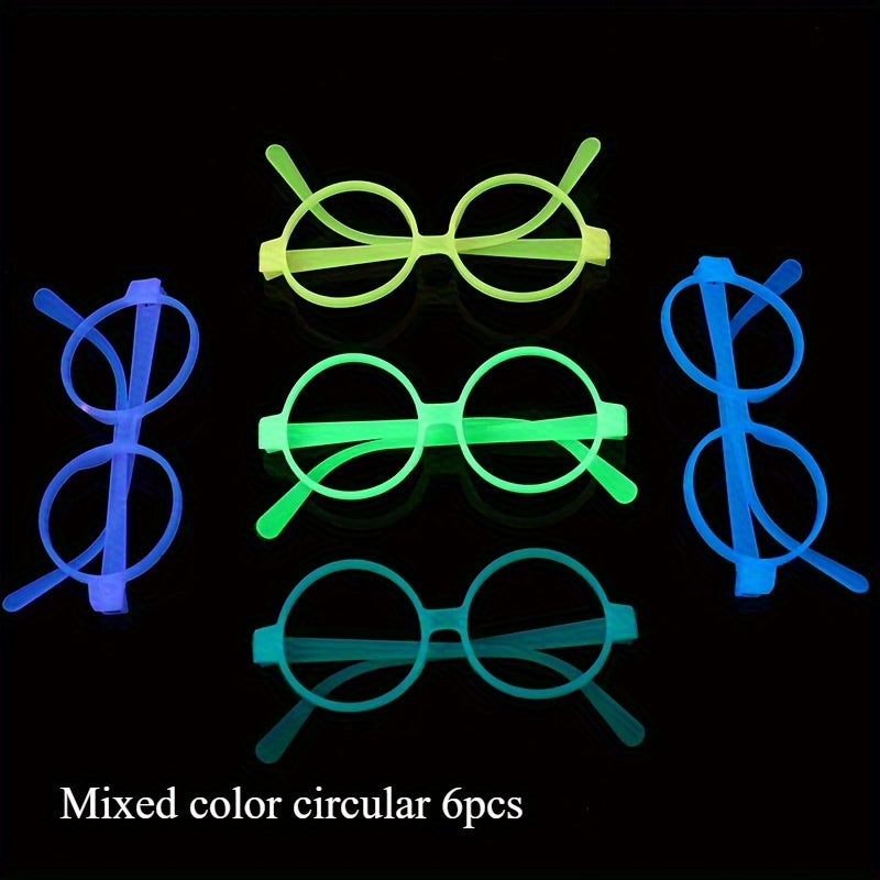 6 Pairs Glow-in-the-Dark Neon Party Glasses - UV Activated Round Plastic Frames for Bars, KTVs, Weddings & Birthdays | No Battery Needed Illuminating Photo Props & Group Accessories, Bar Accessories, Vibrant Eyewear Style, Lu