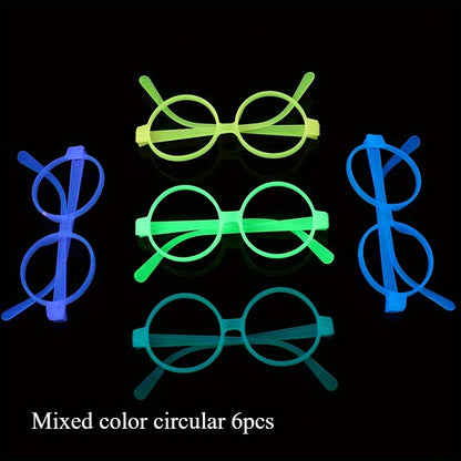 6 Pairs Glow-in-the-Dark Neon Party Glasses - UV Activated Round Plastic Frames for Bars, KTVs, Weddings & Birthdays | No Battery Needed Illuminating Photo Props & Group Accessories, Bar Accessories, Vibrant Eyewear Style, Lu