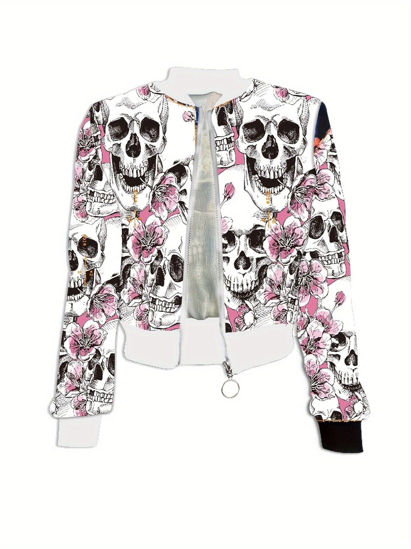 [Edgy Gothic Jacket] Gothic Women's Jacket - Black & Pink Skull Print, Zipper Front Coat | Machine Washable, Lightweight Outerwear for Halloween, Parties, Everyday Edgy Style - Non-Transparent Jacket, Halloween Clothes, Party