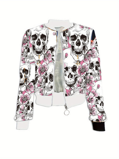 [Edgy Gothic Jacket] Gothic Women's Jacket - Black & Pink Skull Print, Zipper Front Coat | Machine Washable, Lightweight Outerwear for Halloween, Parties, Everyday Edgy Style - Non-Transparent Jacket, Halloween Clothes, Party