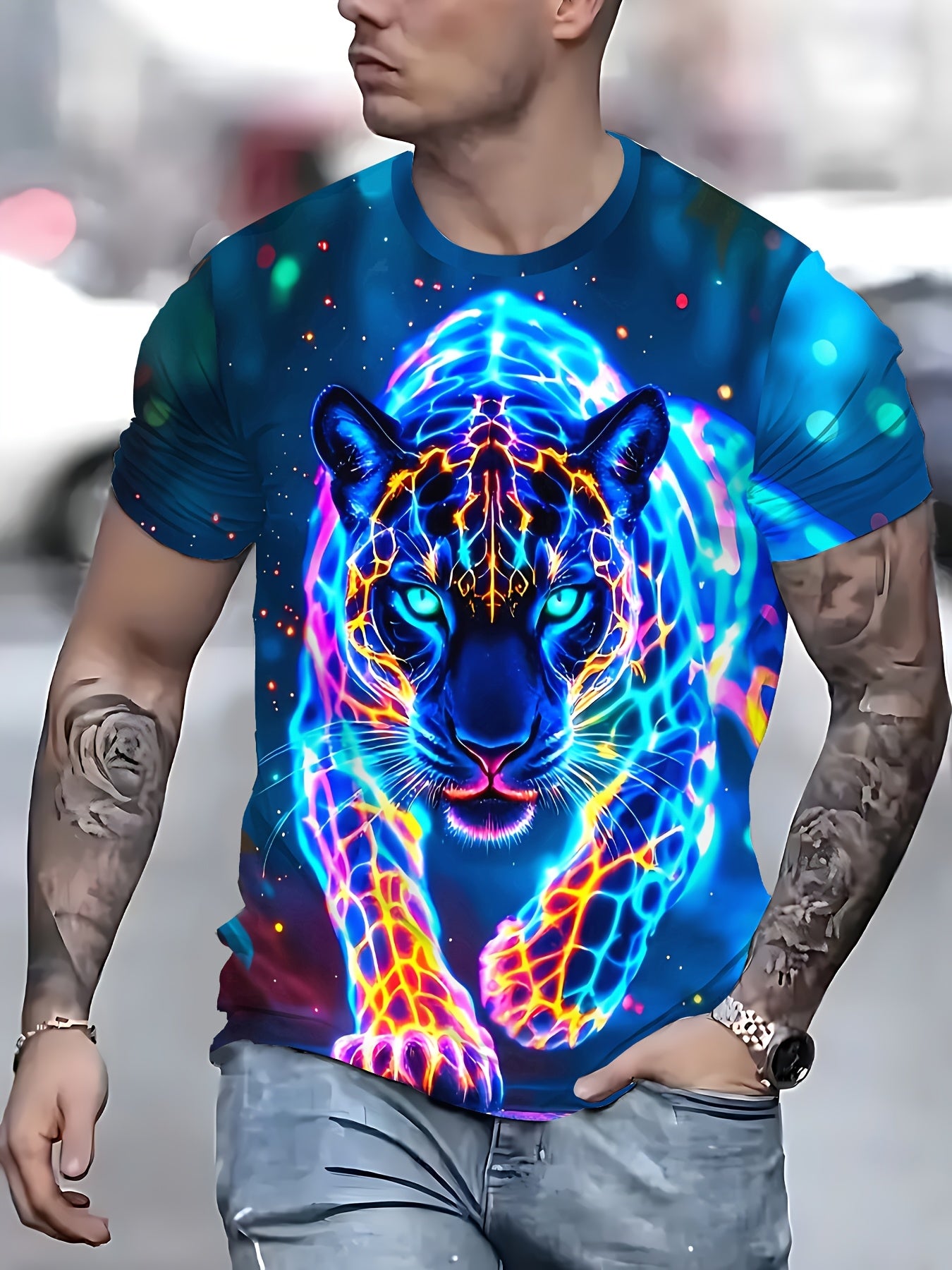 3D Neon Panther Print Men's Polyester T - Shirt, Short Sleeve, Cool Neon Animal Design, High - Quality 3D Printing, Comfortable Polyester, Stylish Casual Apparel, Distinctive Look, Must - Have Men's Fashion, Trendy Choice