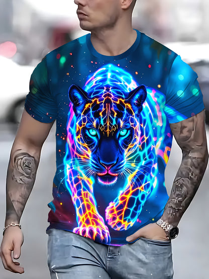 3D Neon Panther Print Men's Polyester T - Shirt, Short Sleeve, Cool Neon Animal Design, High - Quality 3D Printing, Comfortable Polyester, Stylish Casual Apparel, Distinctive Look, Must - Have Men's Fashion, Trendy Choice