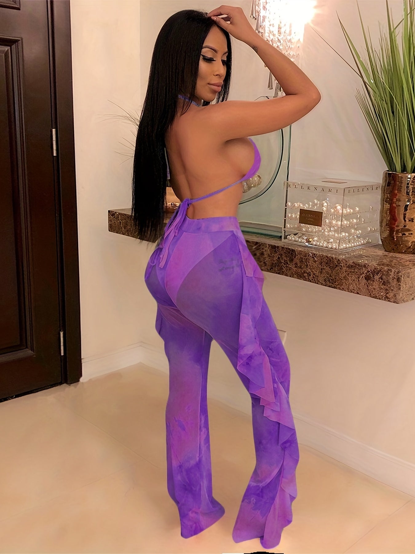 Sexy Tie Dye Matching Two-piece Set, Crop Halter Top & Fringe Hem Pants Outfits, Women's Clothing