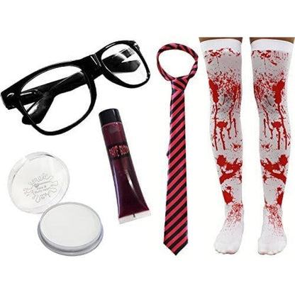 Ladies Halloween Zombie Schoolgirl Costume - Green & Grey Tie - Glasses, Striped Tie, Bloody Stockings, Fake Blood And Face Paint - Adults Horror Geek Scary Nerd Halloween Fancy Dress Set