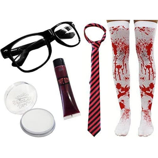 Ladies Halloween Zombie Schoolgirl Costume - Green & Grey Tie - Glasses, Striped Tie, Bloody Stockings, Fake Blood And Face Paint - Adults Horror Geek Scary Nerd Halloween Fancy Dress Set