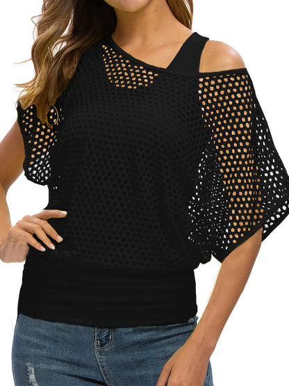 Two-Piece Set Women's Casual Sexy Neon '80s Vacation Tank Top + Fishnet Off-Shoulder T-Shirt