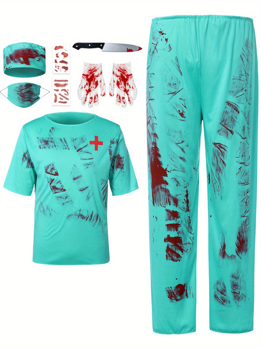 Adults Zombie Surgeon Costume, Unisex Adults Halloween Bloody Surgeon Scrubs, Fancy Dress Costume, Themed Party Wear, Party Outfit, Creepy Scrubs, Horror Medical Attire, Machine Washable, Durable Fabric, Medical Scrubs, Fake