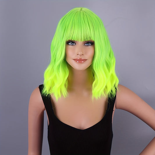 Women's fluorescent green short-wave wig with bangs Loose Wave wig Bob Curly wave synthetic cosplay wig suitable for girls colorful costume wig