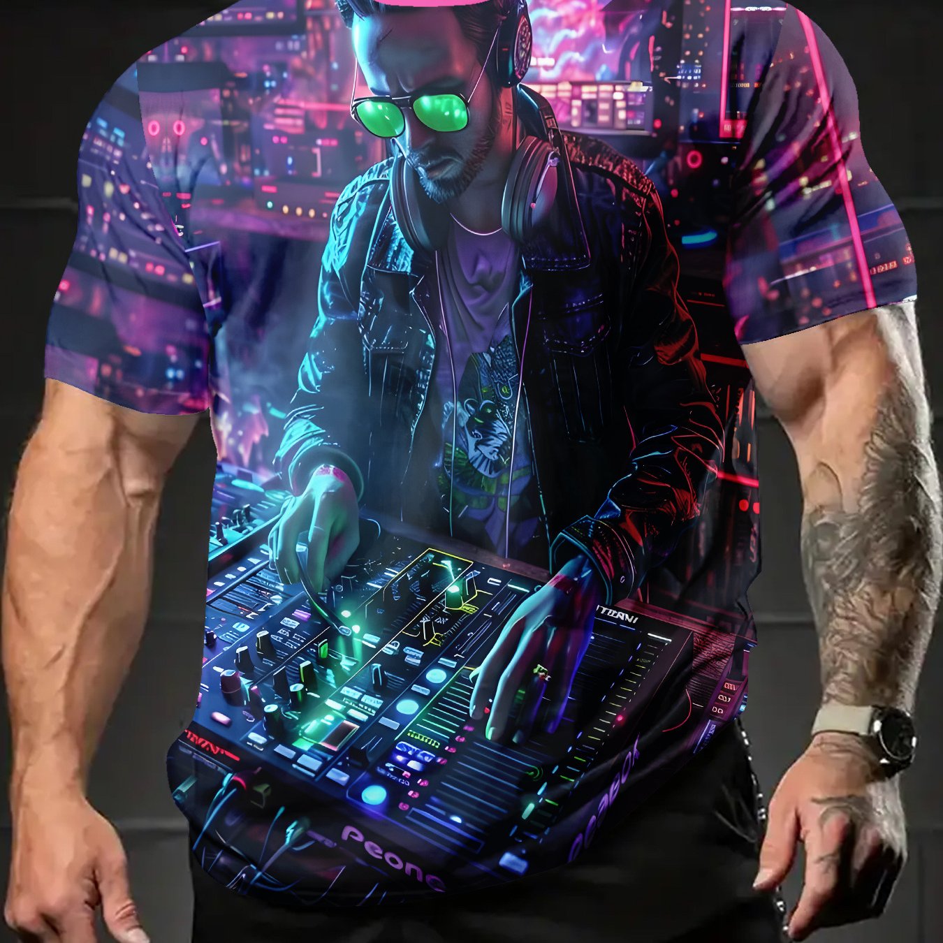 Men's Neon DJ Graphic T-Shirt - Retro Futuristic DJ Setup & Neon City Lights Design, Breathable Fabric Tee for Concerts, Club Nights, Streetwear - Machine Washable Music Producer Outfit Essential, Dj Accessories, Concert Atti