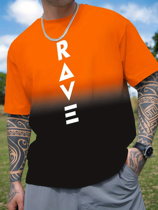Men's Gradient Rave Graphic T-Shirt - Ice Silky Breathable, Quick-Dry, Round Neck, Short Sleeve, Casual Summer Tee in Vibrant Orange to Black Ombre Design