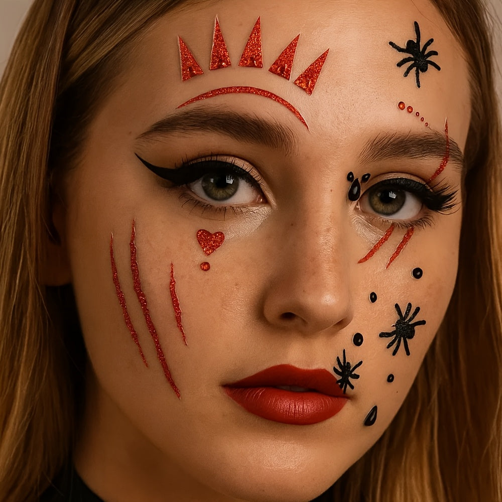 [Realistic Blood Face Stickers] 2 Sheets Red Glitter Blood Face Stickers - Realistic Fake Blood & Wound Effects, Glossy Self-Adhesive Temporary Tattoos for Halloween, Christmas, Themed Parties - Easy Apply, Perfect for Costum