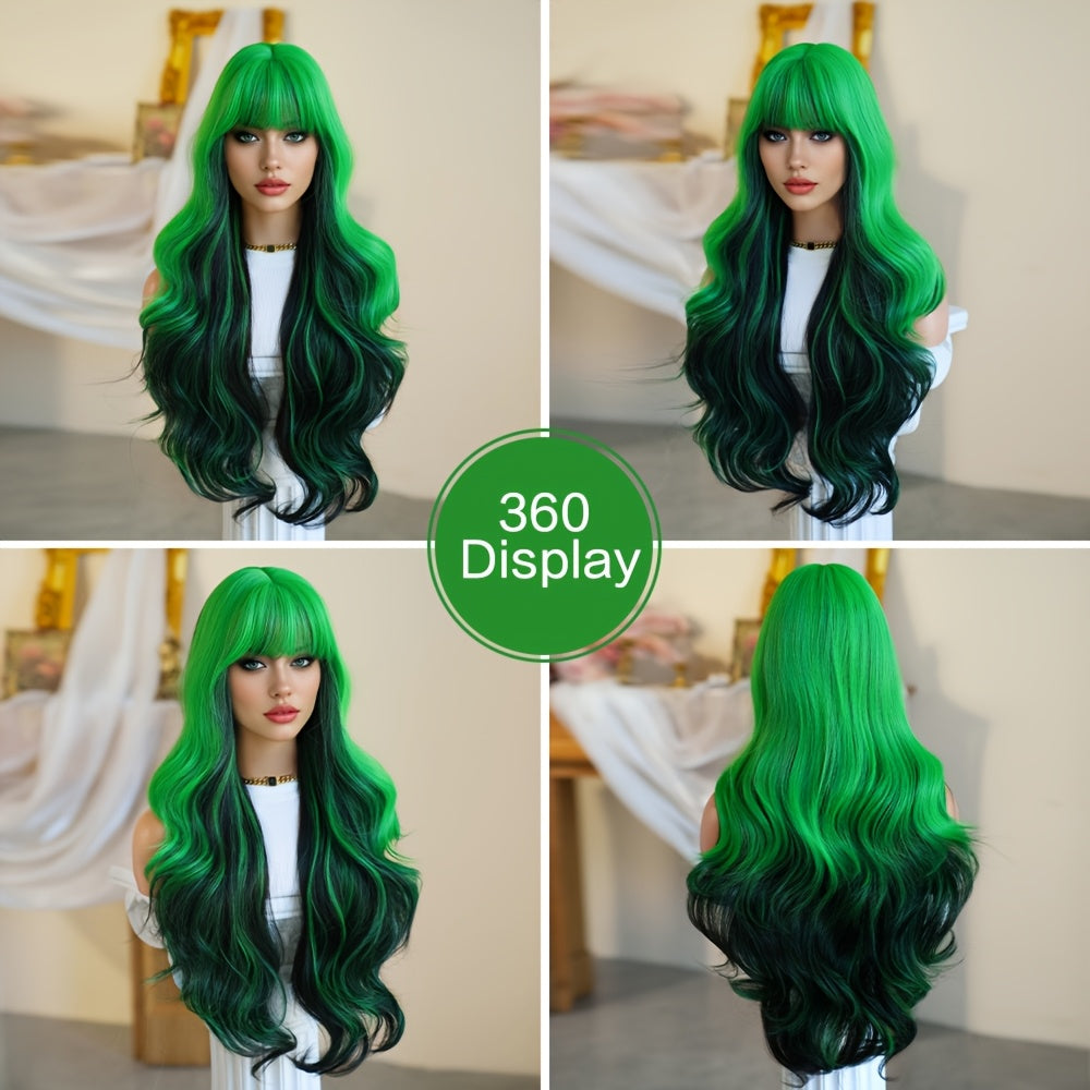 [Halloween Dress Up Wigs] Long Loose Curly Ombre Green Wigs with Bangs | High Density Fluffy Highlight Black Halloween Dress Up Wigs for Women - 30 Inches, Cosplay Accessory, Party Wig, Bangs Wig, Ombre Hairstyle, Durable, Li