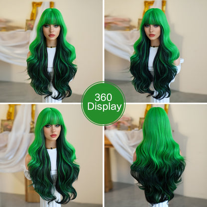 [Halloween Dress Up Wigs] Long Loose Curly Ombre Green Wigs with Bangs | High Density Fluffy Highlight Black Halloween Dress Up Wigs for Women - 30 Inches, Cosplay Accessory, Party Wig, Bangs Wig, Ombre Hairstyle, Durable, Li