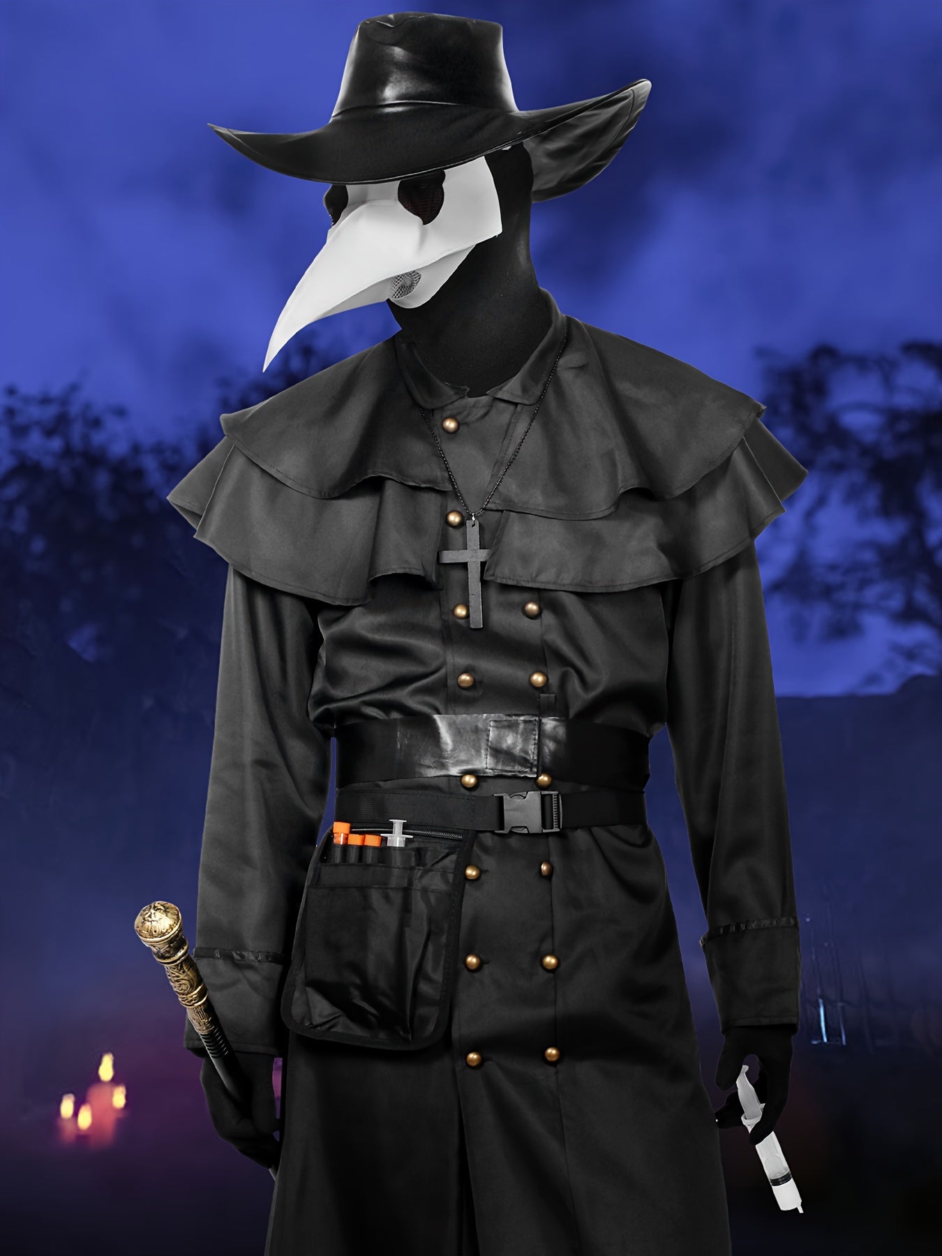 Adult Men'S Steampunk Plague Doctor Costume - Halloween Medieval Monk Priest Renaissance Party Outfit with Cape, Robe, Mask, and Accessories - Polyester 100% Solid Color with Stand Collar and Belt - Regular Fit Woven Fabric 1