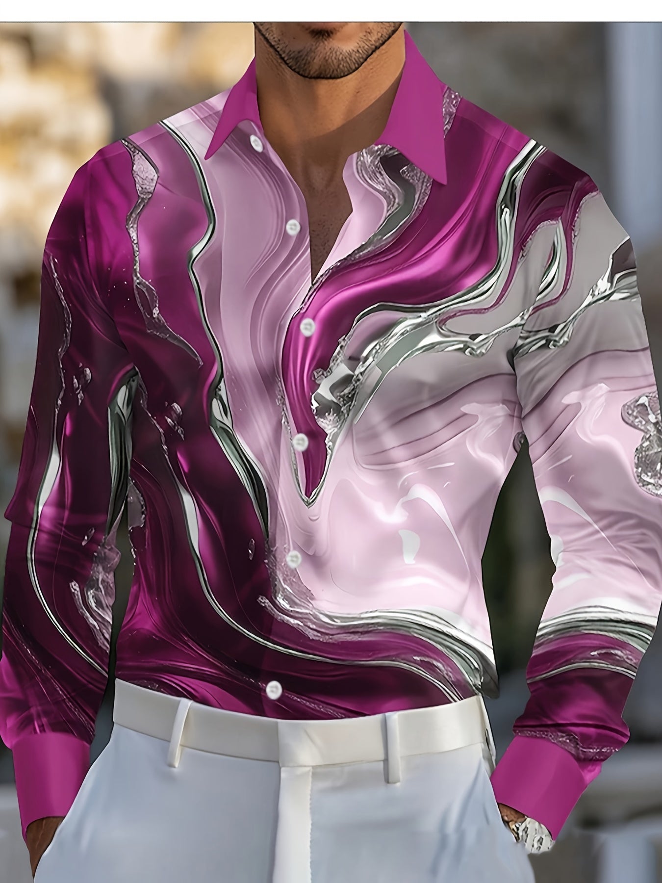 Scary Blood & Handprint Pattern Men's Long Sleeve Lapel Shirt, Men's Halloween Style Clothing For Spring Fall