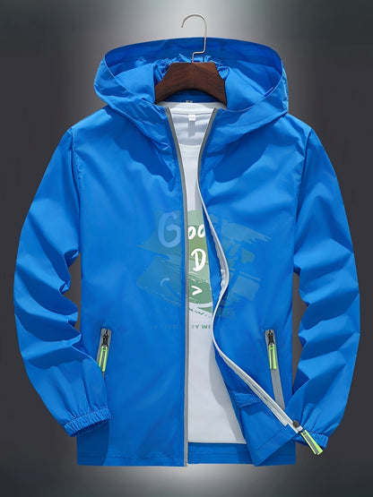 Men's Zip-Up Hooded Jacket - Breathable Reflective Outerwear for Gym, Cycling, Hiking & Beach Use - Lightweight Spring/Summer/Autumn Outdoor Wear with Zippered Storage Design. High-Quality Unisex Hoodie Perfect for Water Spor