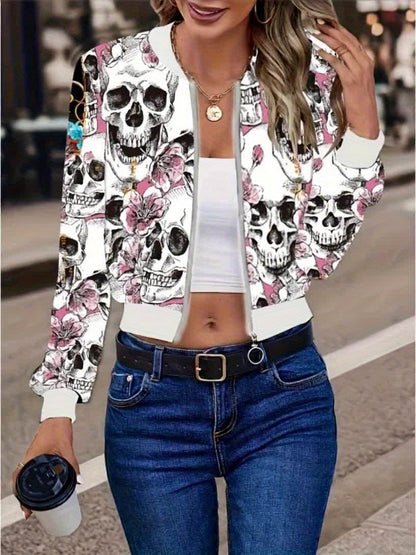 [Edgy Gothic Jacket] Gothic Women's Jacket - Black & Pink Skull Print, Zipper Front Coat | Machine Washable, Lightweight Outerwear for Halloween, Parties, Everyday Edgy Style - Non-Transparent Jacket, Halloween Clothes, Party