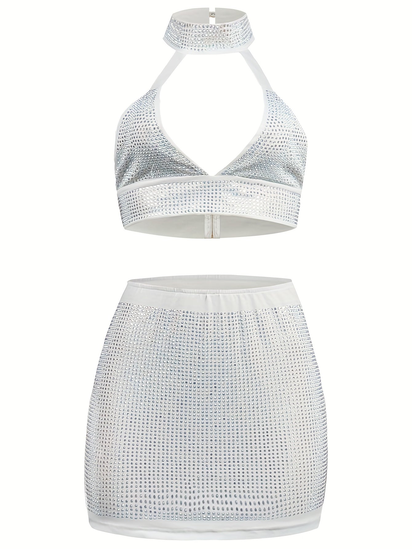 Women'S Sexy Rhinestone-Embellished Deep V-Neck Two-Piece Mini Dress - Stretchy High-Waisted Clubwear with Adjustable Spaghetti Straps, Glittery Sequin Detailing for Nightclub & Party Outfits, Summer Fashion, Elegant Design,