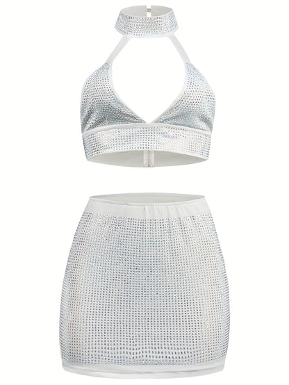 Women'S Sexy Rhinestone-Embellished Deep V-Neck Two-Piece Mini Dress - Stretchy High-Waisted Clubwear with Adjustable Spaghetti Straps, Glittery Sequin Detailing for Nightclub & Party Outfits, Summer Fashion, Elegant Design,