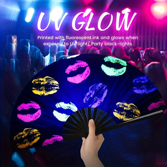 13 - Inch Reactive Bamboo Folding Fan with Vibrant Lip Print Design - Glow in The Dark Party Accessory for EDM, Dance Festivals, Club Events and Women'S Fashion, Nightlife Gear, Tropical Vibe Accessory