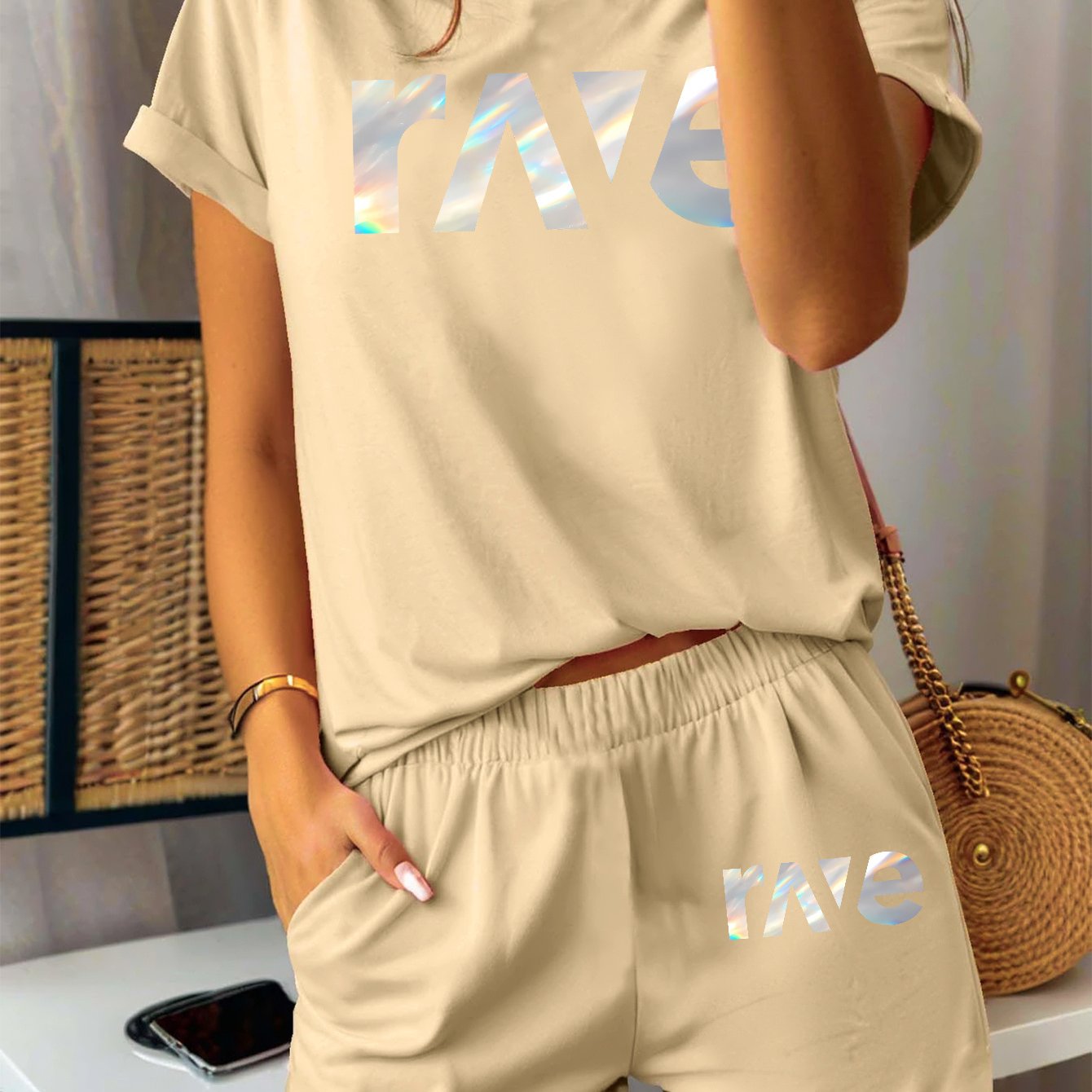 2pcs Women'S Casual Summer Outfit - Rave Graphic Print T-Shirt & Shorts Set, Light Green Polyester Blend, Round Neck, Short Sleeve, High-Waisted Shorts with Drawstring, Perfect for Casual Attire, High Waisted Shorts