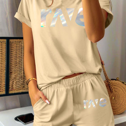 2pcs Women'S Casual Summer Outfit - Rave Graphic Print T-Shirt & Shorts Set, Light Green Polyester Blend, Round Neck, Short Sleeve, High-Waisted Shorts with Drawstring, Perfect for Casual Attire, High Waisted Shorts