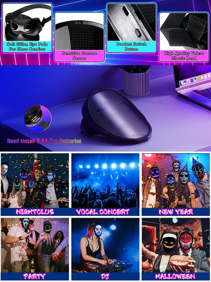 Party LED Light Mask Gesture Sensing Intelligent Display LED Mask Face Mask App Control Pretend Playful Face Mask Battery Powered Batteries Not Included Suitable for Makeup Parties, Christmas, Carnival and Themed Events, Hall