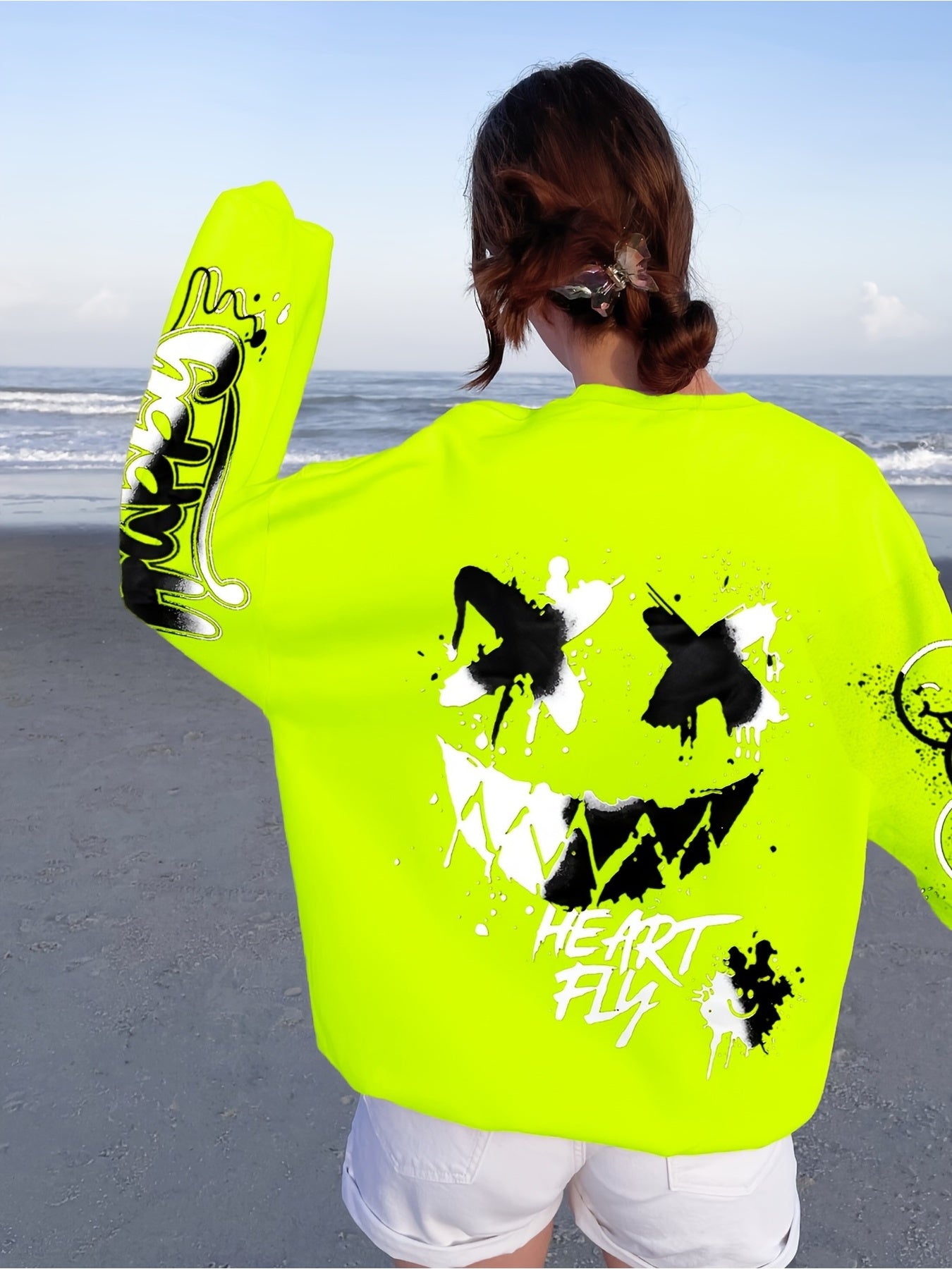 Women's Vibrant Neon Green Graffiti Print Sweatshirt -"HAPPY" & Heart Graphic, Long Sleeve, Lightweight Polyester Blend, Machine Washable, Style A4009YE197-6